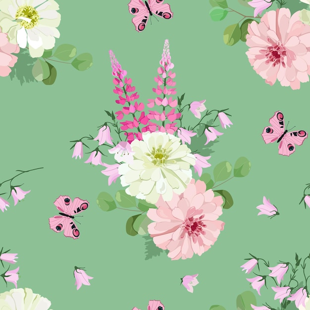 Seamless background with lupine chrysanthemum and butterflies