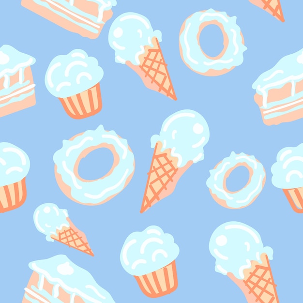 Seamless background with muffins, cakes and ice cream. Packaging. Festive textile design.