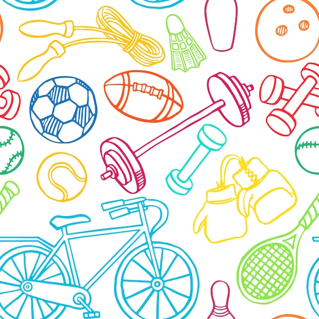 Seamless background with multicolored sport equipment. hand-drawn illustration