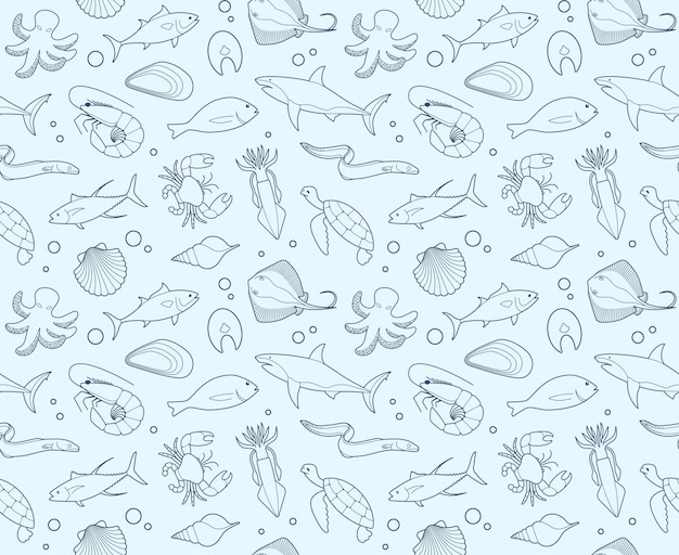 Seamless background with outline pictures of seafood