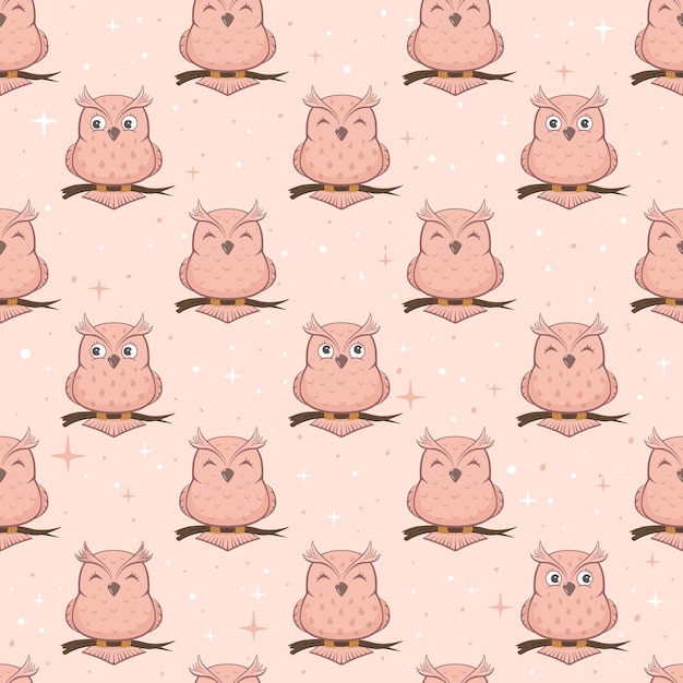 Vector seamless background with owls on pink background, illustration.