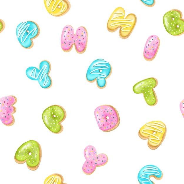 Seamless background with a pattern of falling letters donuts in realistic style 3d