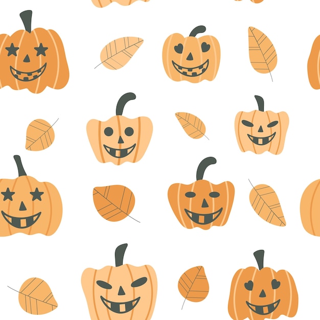 Seamless background with pumpkin faces for Halloween Autumn background with vegetables and leaves