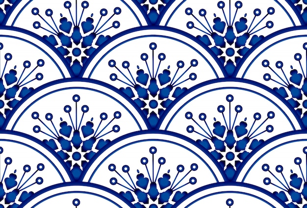 Seamless background with round patterns. floral ornament on watercolor blue and white backdrop. chinese porcelain design