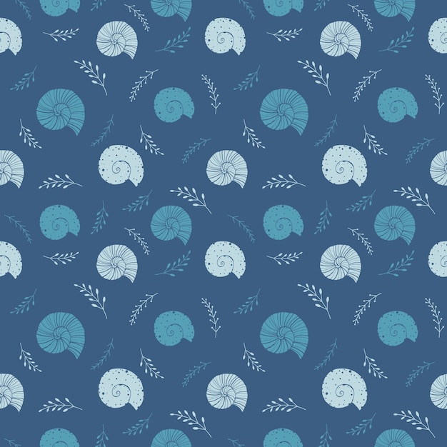 Seamless background with sea shells in sketch style