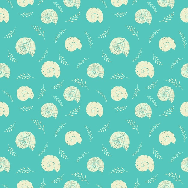 Vector seamless background with sea shells in sketch style