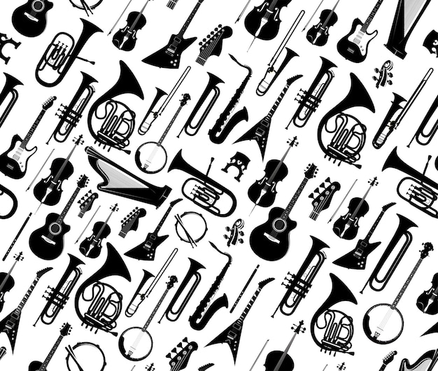 Seamless background with silhouettes of musical instruments black color isolated on white Vector illustration