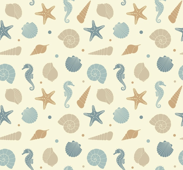 Seamless background with silhouettes of sea shells seahorse and starfish