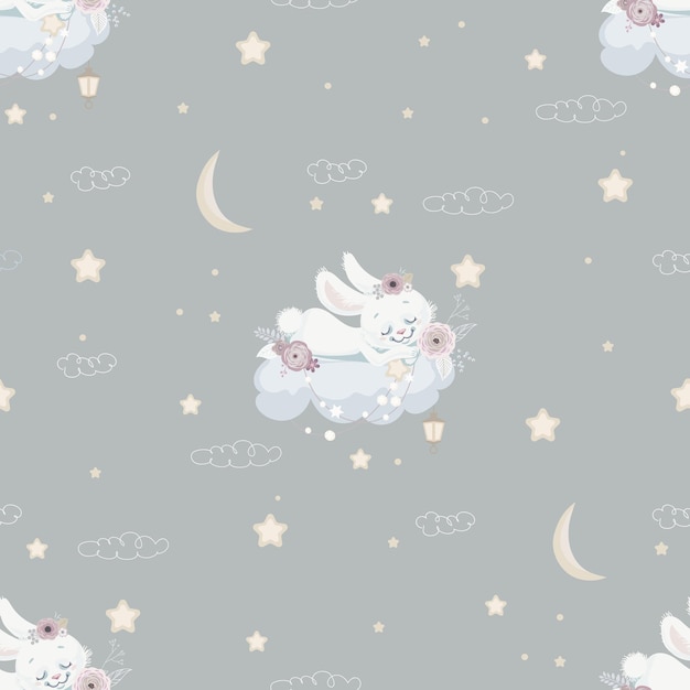 Seamless background with sleeping bunny on cloud