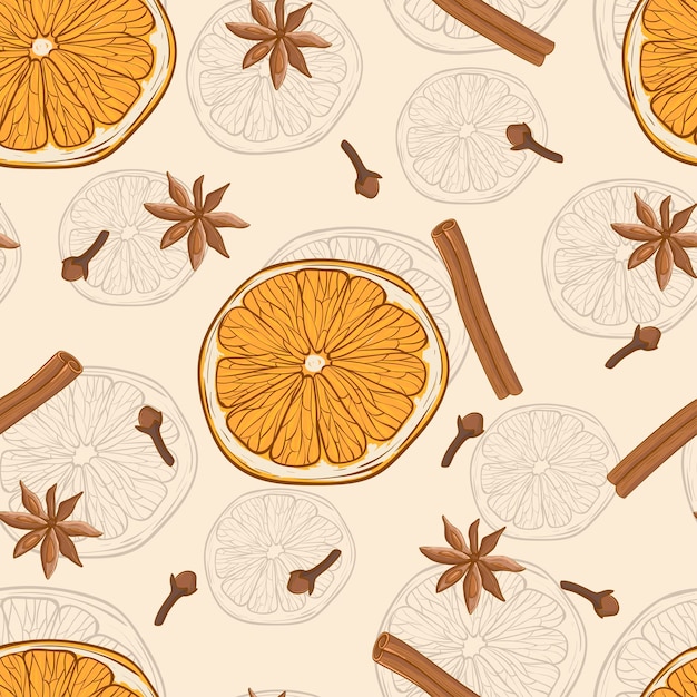 Seamless background with spices and citrus fruit handdrawn vector illustration