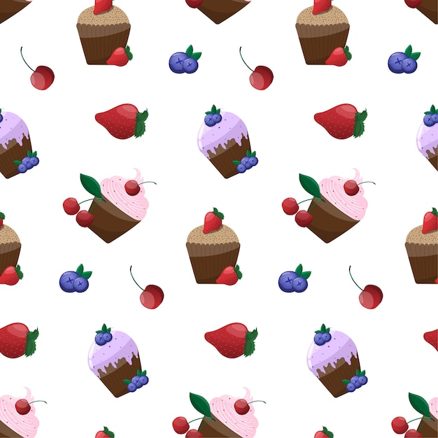 Sfondo senza soluzione di continuità con dolci gustosi cupcakes con frutti di bosco compleanno di carta da imballaggio