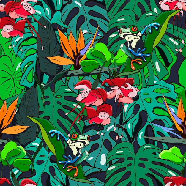 Vector seamless background with tree frogs banana and monstera leaves and tropical flowers jungle pattern for textile or book covers manufacturing wallpapers print gift wrap and scrapbooking