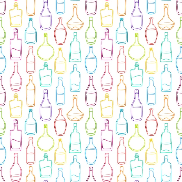 Vector seamless background with various colored bottles of alcohol. hand-drawn illustration