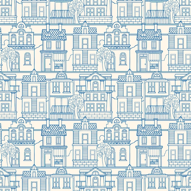 Vector seamless background with vintage colored houses. hand-drawn illustration