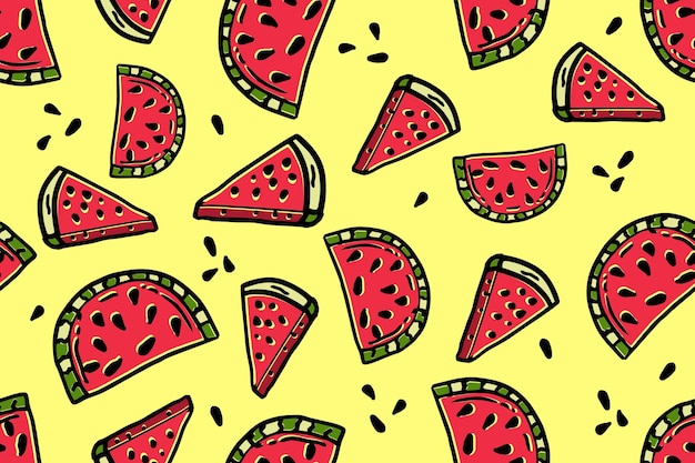 Seamless background with watermelon pieces of watermelon on a yellow background summer time a simple pattern vector illustration