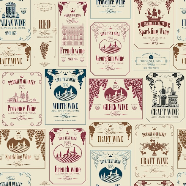 seamless background with wine labels