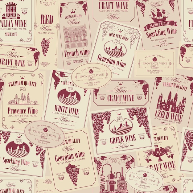 seamless background with wine labels