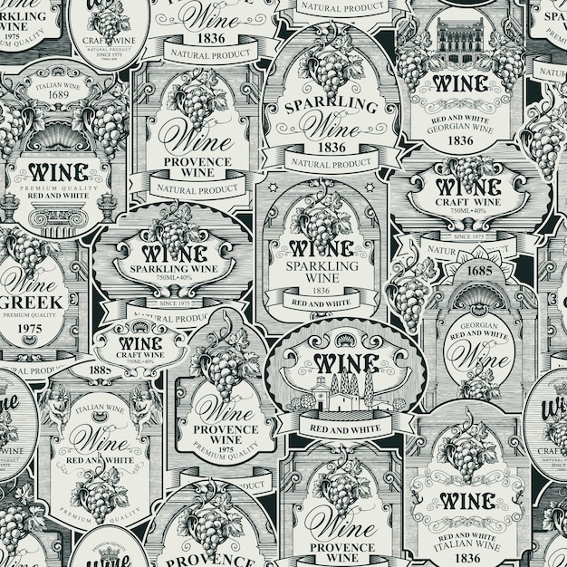 Vector seamless background with wine labels