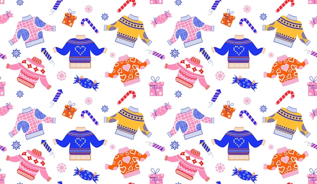 Seamless background with winter sweatersVector illustration of New Year's accessories in flat style