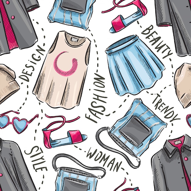 Vector seamless background with women's clothing and accessories. hand-drawn illustration