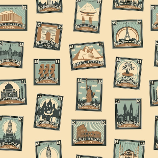 Vector seamless background with world landmarks stamps