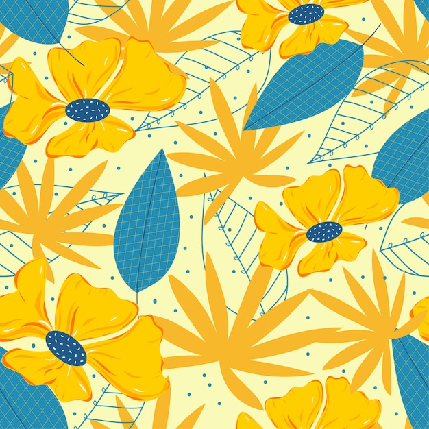 Seamless background with yellow tropical flowers