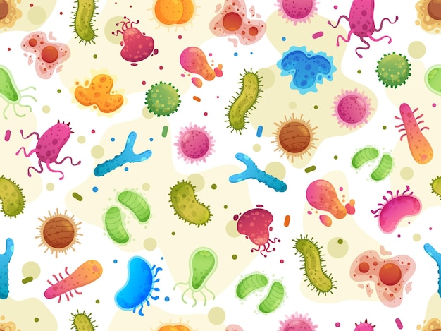 Seamless bacteria pattern. Color germs, microorganism cells microscopic organisms and viruses cartoon illustration. Bacteria and bacterium seamless pattern