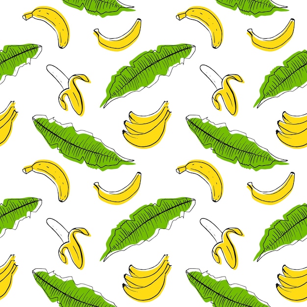 Vettore frutta e foglie di banana senza cuciture, illustrazione vettoriale a disegno a mano
