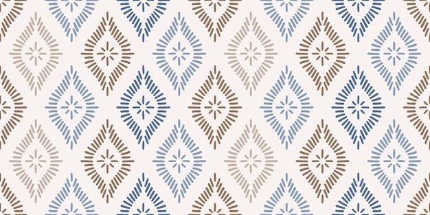 Seamless banner with blue and beige geometric shapes Traditional batik print