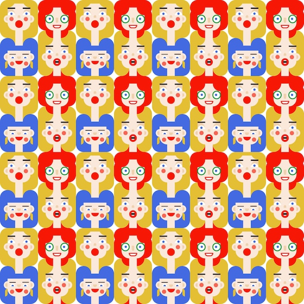 Seamless bauhaus vector bright pattern with female lady smiling faces with red and blue hair.