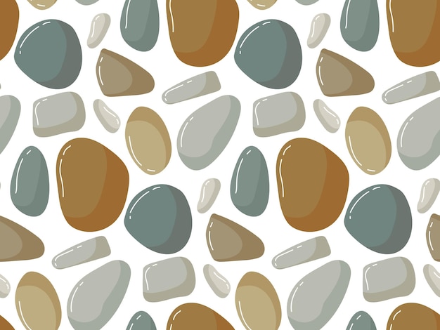 Seamless Beach pebbles pattern. Various shapes different colors. Vector stone illustration isolated