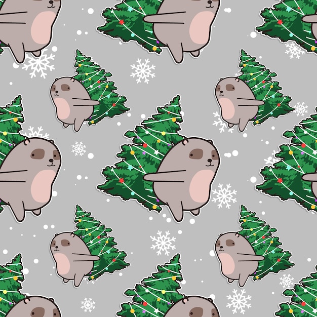 Seamless bear with christmas tree pattern