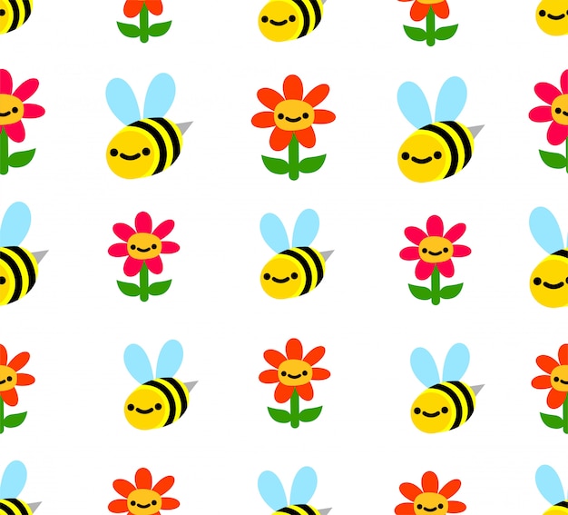 Vector seamless bee and flower pattern