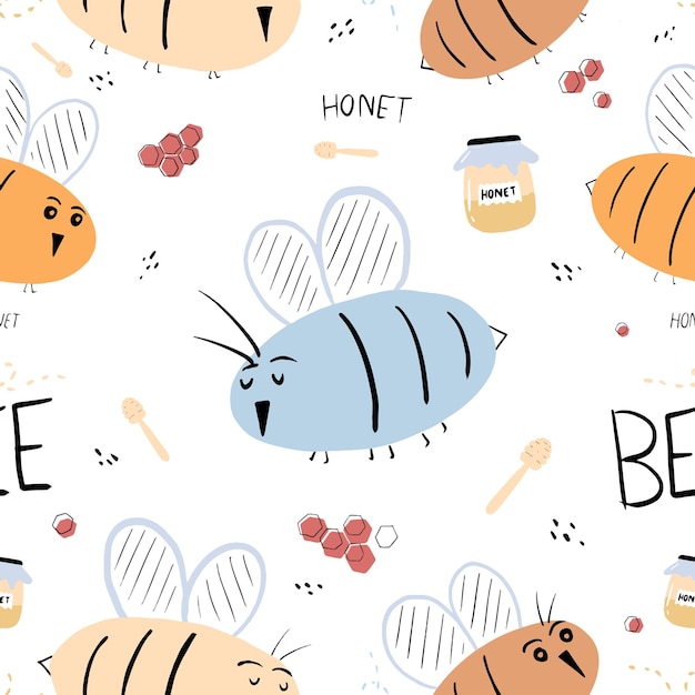 Seamless bee pattern with hand drawn bee flying honey combshoney dipper storage jar and honey jar