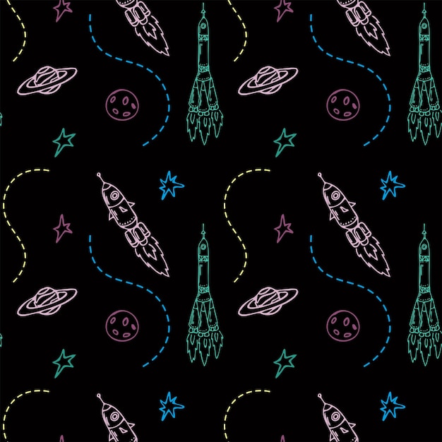 Seamless black background with outlines of rockets stars moon and dotted lines in space