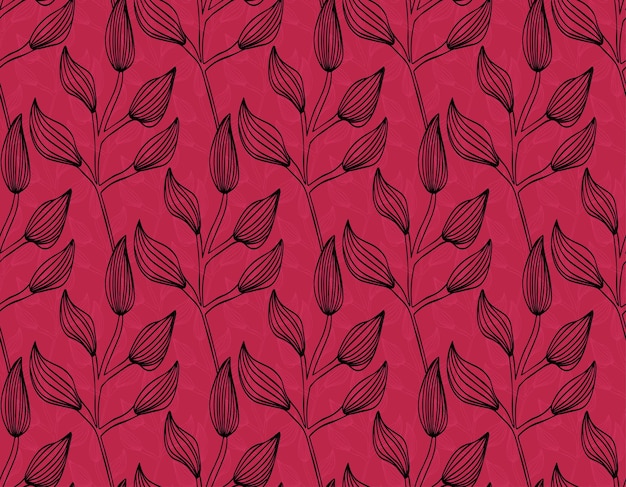 シームレスな黒のモノクロの葉のパターン。ビバ マゼンタの背景。ベクトル イラスト