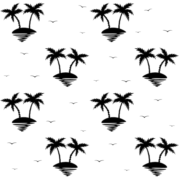 Seamless black palm trees and sun isolated on a white background