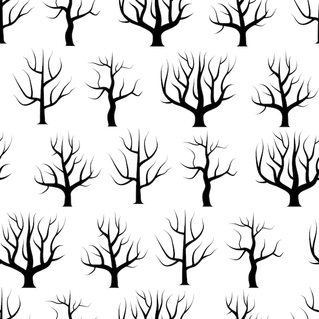 Vettore alberi curvi in bianco e nero senza soluzione di continuità senza sfondi di foglie. struttura senza giunte della foresta di vettore.