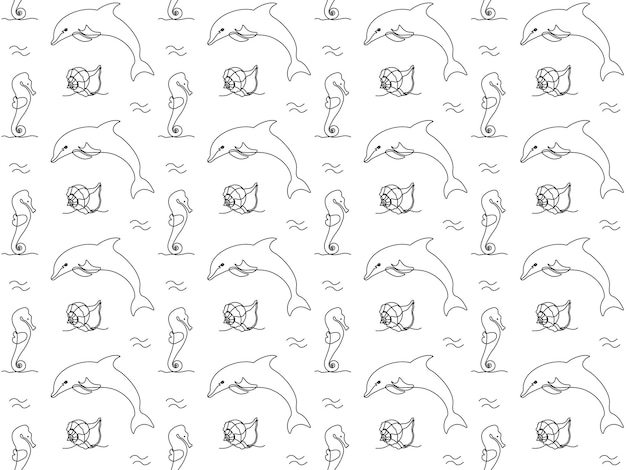 Seamless Black and white doodle marine pattern line of art with shells dolphins and seahorses