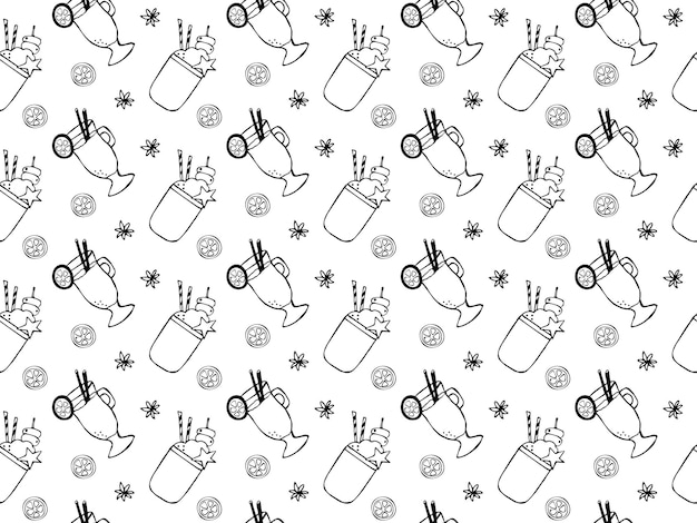 Vector seamless black and white doodle pattern with cocktails festive drinks mulled wine and frikshake monstershake