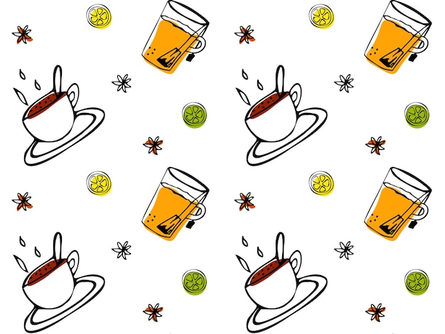 Vector seamless black and white doodle pattern with tea and coffee breakfastcoffee shopdrink