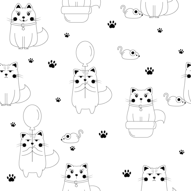 Seamless black and white outline pattern with cute doodle cats characters