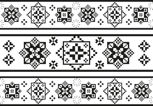 Seamless black and white pattern with stylized ethnic embroidery