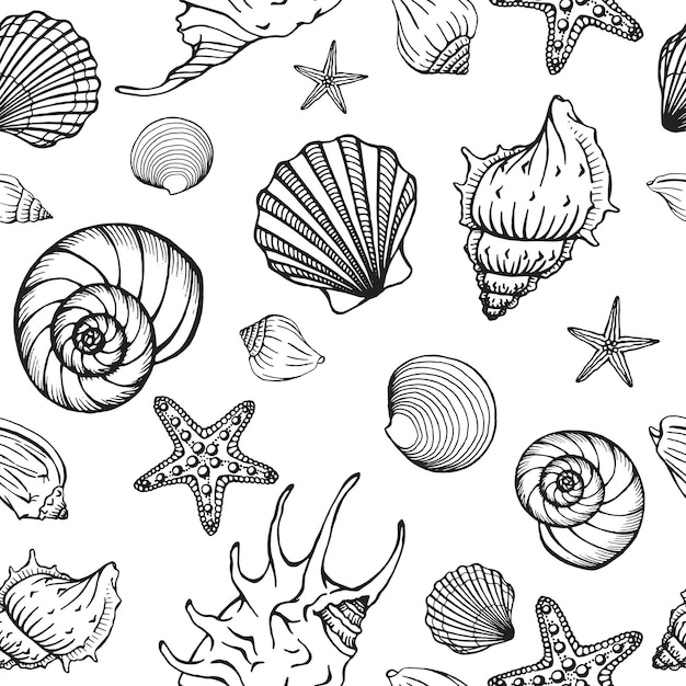 Seamless blackwhite pattern with seashells starfishes Marine background Hand drawn vector illustration in sketch style Perfect for greetings invitations coloring books textile wedding and web design