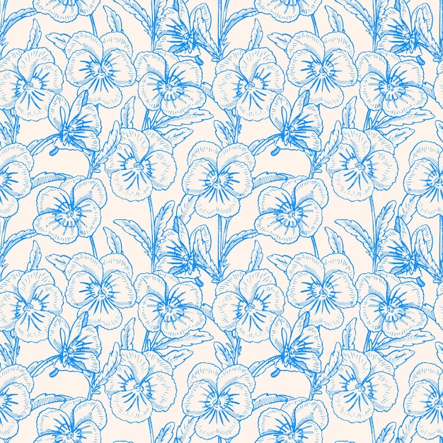 Seamless blue background with pretty pansies. hand-drawn illustration