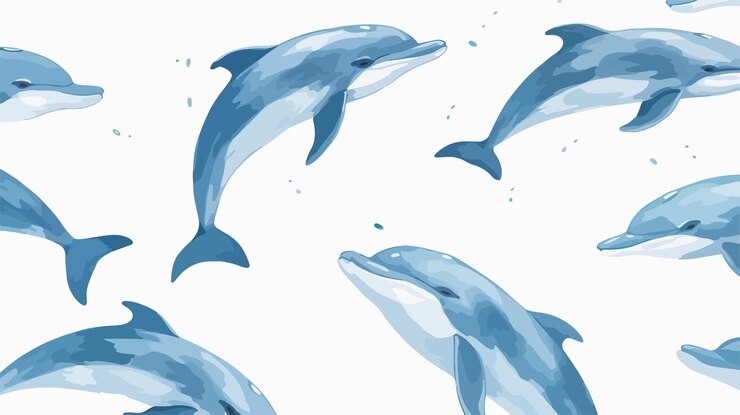 Vector seamless blue dolphins pattern on grey background