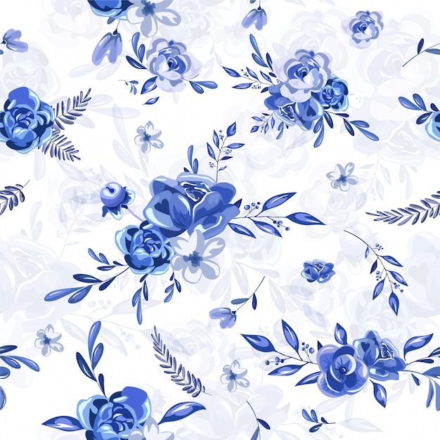 Vector seamless blue floral pattern.