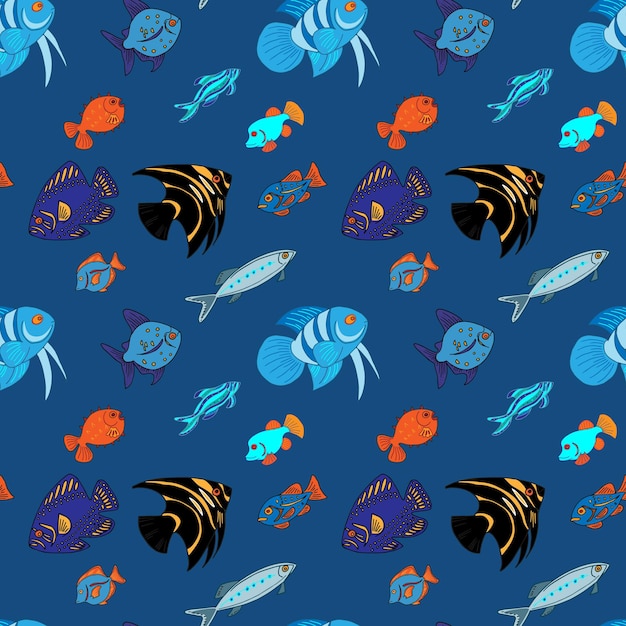 Vector seamless blue pattern marine and aquarium fish