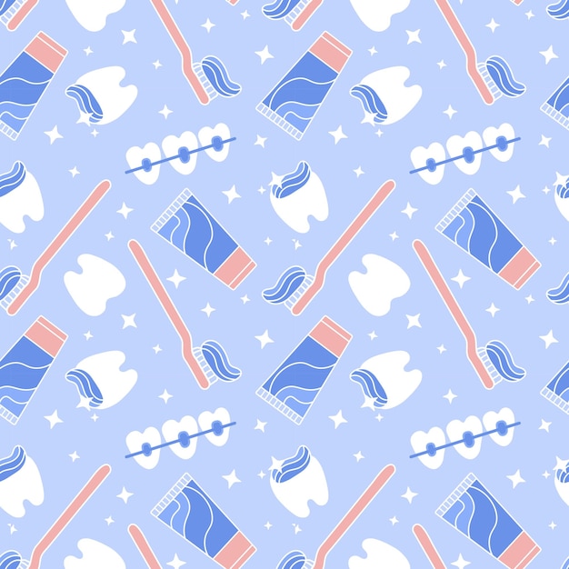 Vector seamless blue pattern medicine dentist orthodontist teeth toothbrush