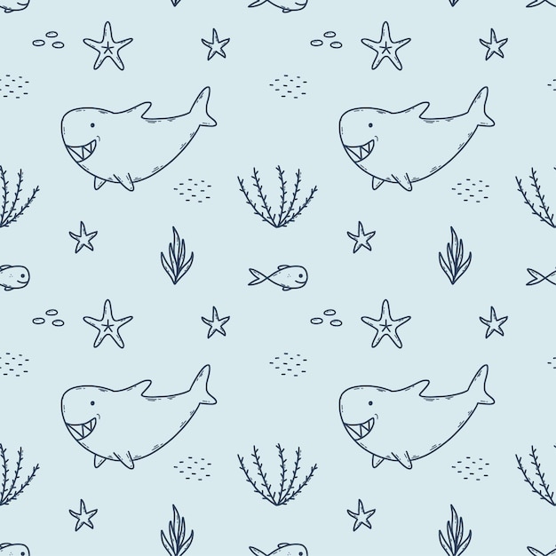 Vector seamless blue pattern with cute shark fish and starfish background for sewing clothes and printing on fabric packing paper inhabitants of sea and ocean underwater world